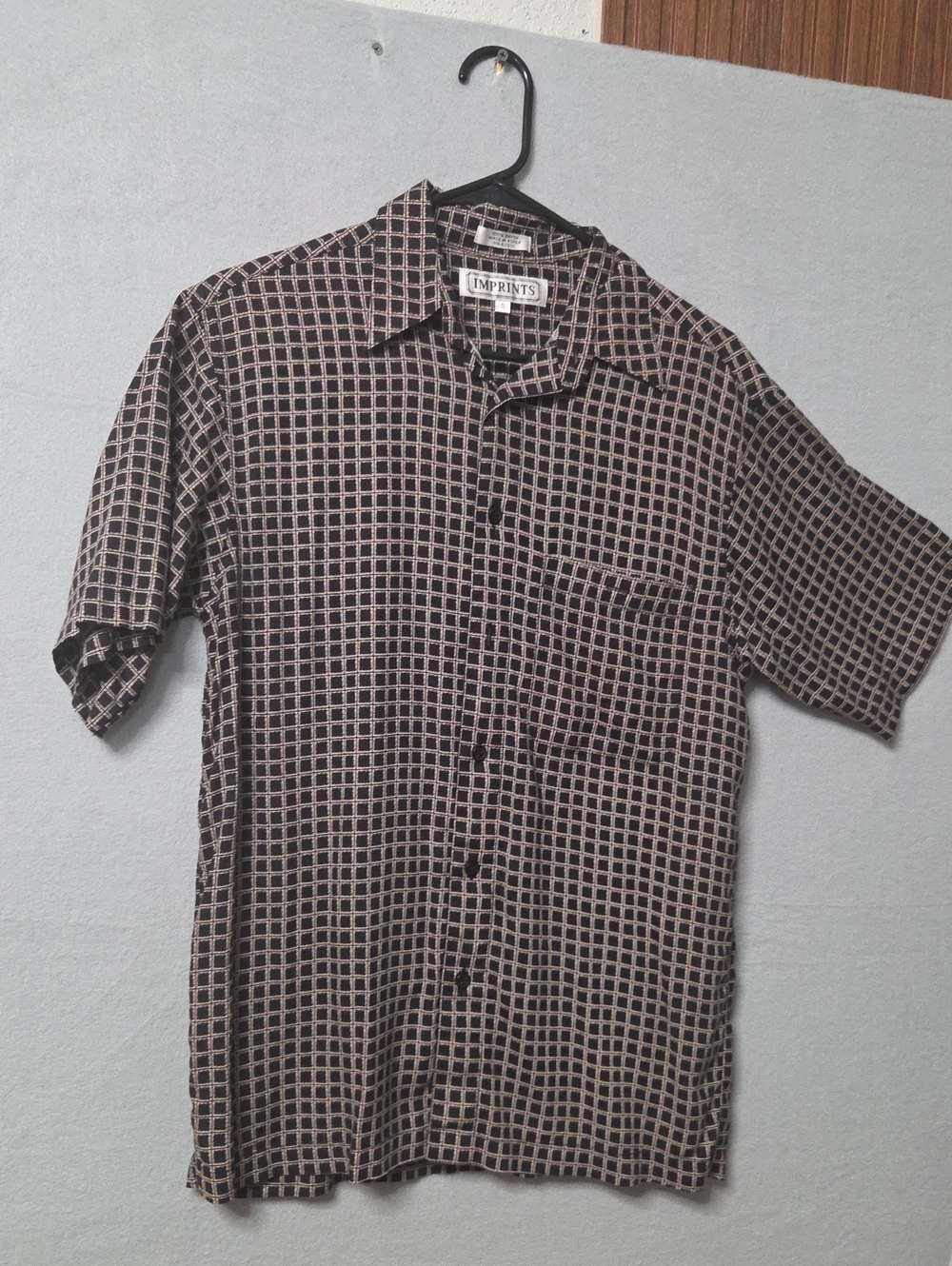 Men's Imprints Casual Button Down Shirt Size S Black Beige Grid Pattern